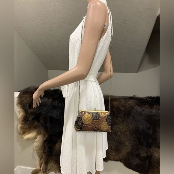 Handmade Genuine Leather Floral Embossed, Metal Frame Small Clutch/Phone Case - Picture 6 of 11